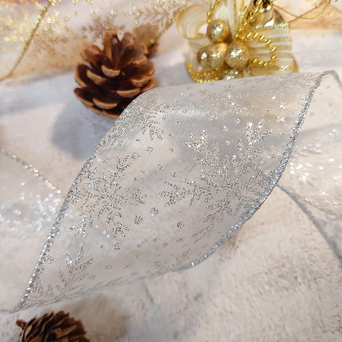 CT CRAFT LLC Organza with Silver Glitter Snowflakes Wired Ribbon 2.5 inch x 50 - Image 6