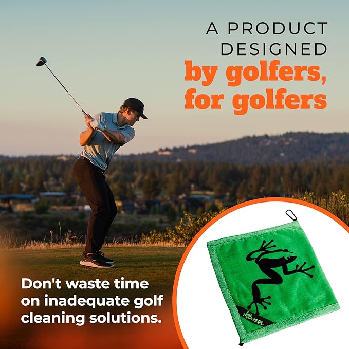 Frogger Amphibian 2-in-1 Golf Towel with Wet and Dry Technology, Green, Premium Golf Bag Accessory with Carabiner Clip, Ultra Absorbent, for Golf Dads