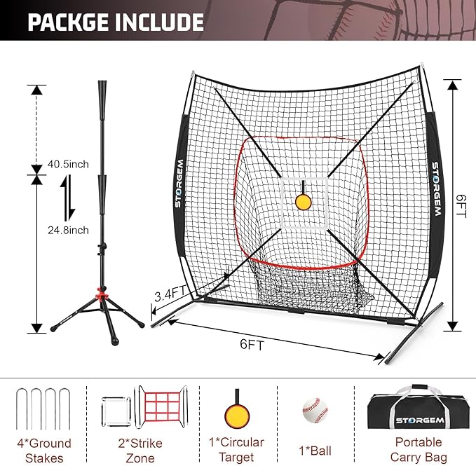 Storgem 6'X6' Baseball Softball Practice Net, Portable Baseball Net for Batting, Hitting, Pitching and Fielding, Carry Bag, Strike Zone and Batting Tee, Great for Kids Adult Youth