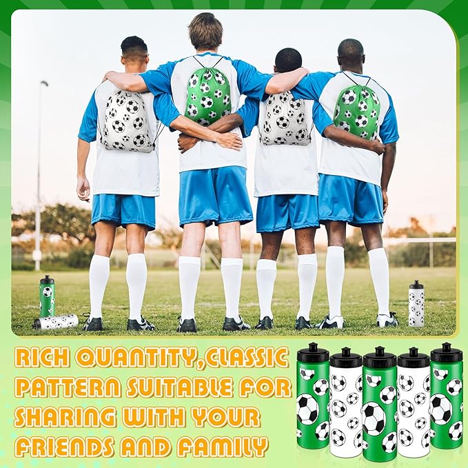 Funnymoom 24 Pcs Soccer Water Bottles Drawstring Bag Set with 50 Sticker Soccer Party Favors 12 Reusable Sports Squeeze Water Bottles 20oz 12 Soccer Goodie Gift Bag for Soccer Team Gifts Players Gym
