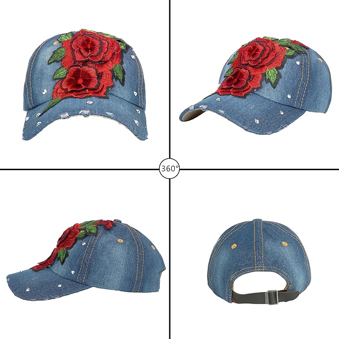 Hoce Fashion Rhinestone Denim Baseball Cap Studded Bling Hat for Women