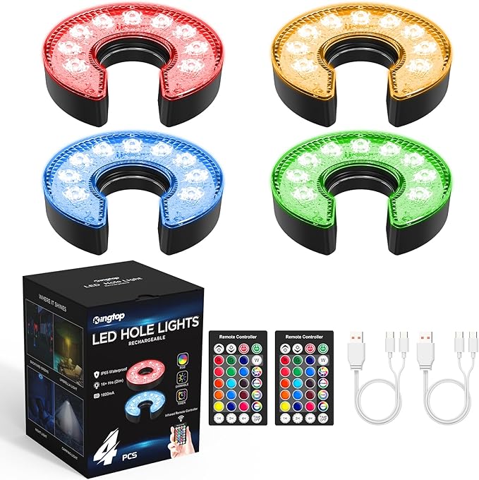KINGTOP Rechargeable LED Golf Hole Light - Waterproof, Focused Illumination Lens, Remote-Controlled, Perfect for Backyard Night Golf Practice Putting Green Cup Lights, Camping, Outdoor Party