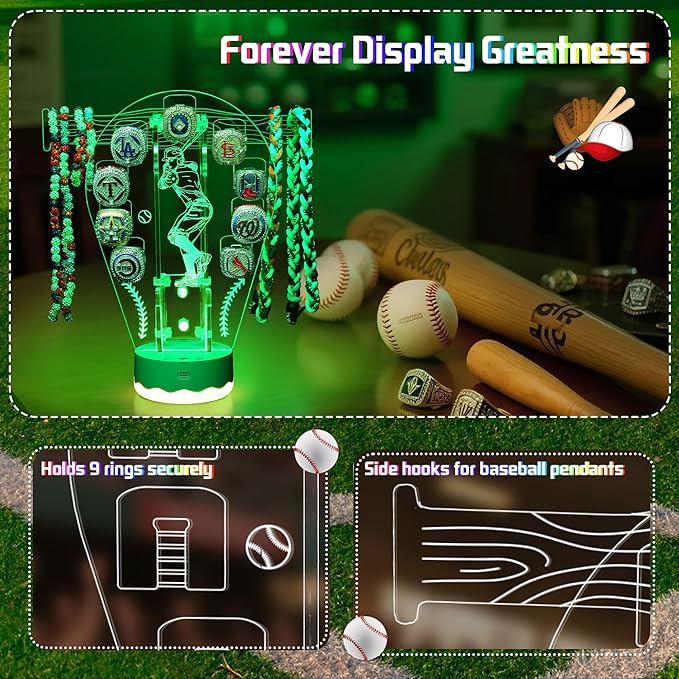 CoolGift Mart Light Up Baseball Ring Holder, 16 Colors 3D LED Lights Acrylic Championship Ring Display Stand, with Remote Control, Birthday Xmas Gifts for Baseball Players Fans