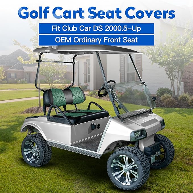 NOKINS Golf Cart Club Car DS 2000.5-Up Diamond Seat Covers Kit, Fits Club Car DS OEM Standard Front Seat Cushion, Golf Cart Vinyl Seat Cover, No Nails Required(Dark Green and Black)