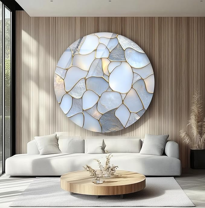 My Photostation.com 31.5'' Diameter White Stone Mosaic Round Glass Wall Art - Image 6