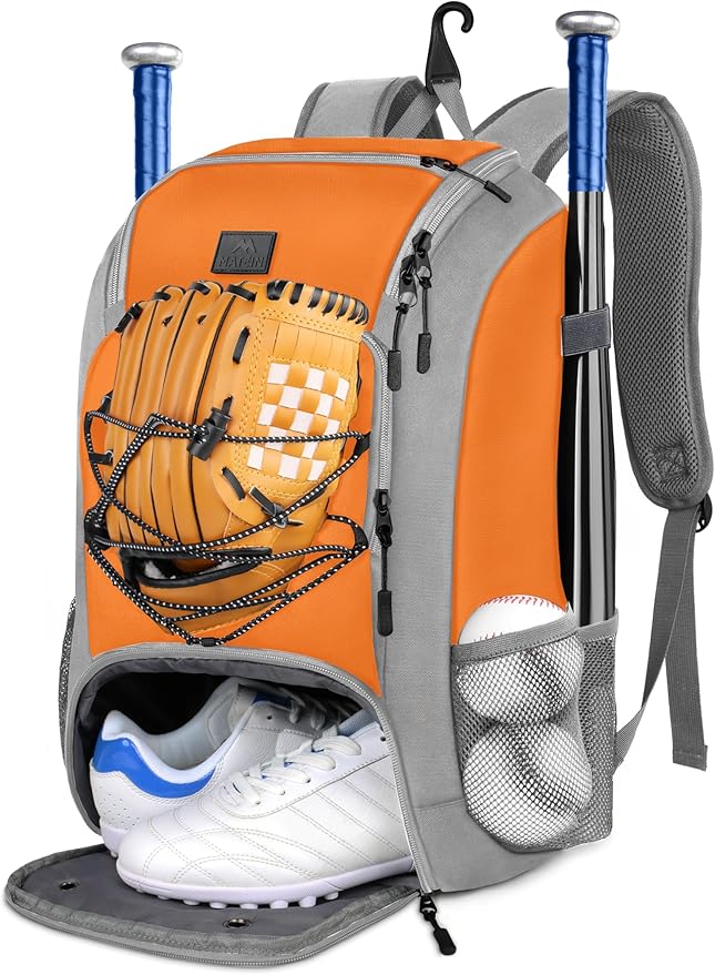 MATEIN Baseball Backpack, Softball Bat Bag with Shoes Compartment for Youth, Boys and Adult, Lightweight Baseball Bag with Fence Hook Hold TBall Bat, Batting Mitten, Helmet, Caps, Teeball Gear