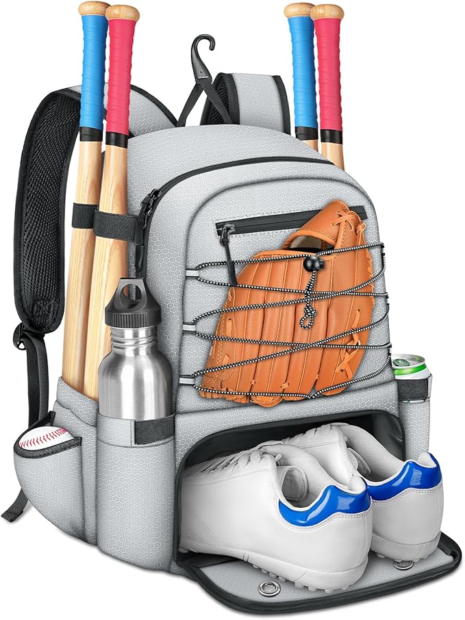 MATEIN Baseball Bat Bag for 4 Bats with Ball Pocket, Lightweight Youth Baseball Backpack with Shoe Compartment, Large Capacity Softball Equipment Bag with Fence Hook for TBall Gear, Helmet, Glove