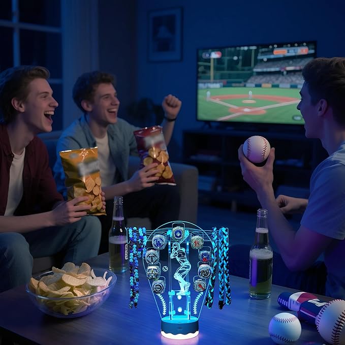 CoolGift Mart Light Up Baseball Ring Holder, 16 Colors 3D LED Lights Acrylic Championship Ring Display Stand, with Remote Control, Birthday Xmas Gifts for Baseball Players Fans