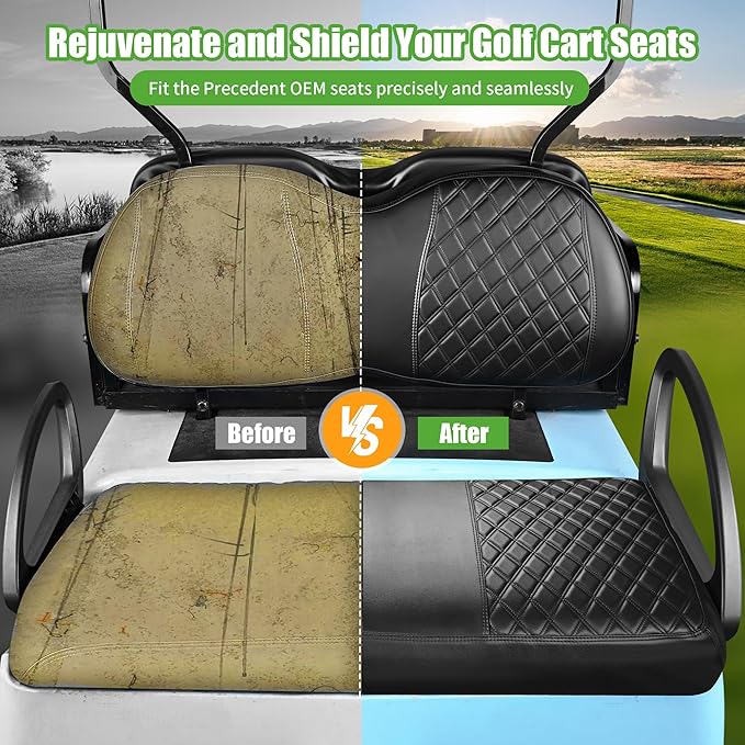 10L0L Golf Cart Seat Covers for Club Car Precedent,EZGO TXT Front/Rear Seats Diamond Pattern,Vinyl Leather with Adjustable Straps and Retractable Buckle, No Stapler Needed