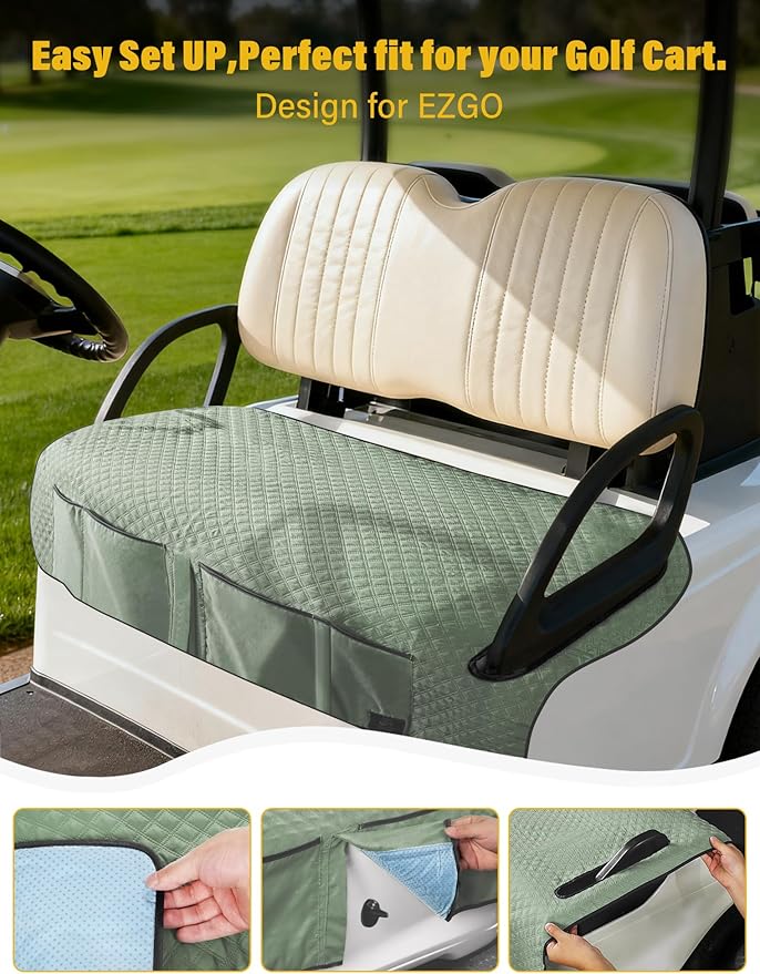 Golf Cart Seat Covers,Golf Cart Seat Towel Blanket with 4 Front Pockets & Nonskid Bottom Fits for EZGO TXT, RXV and More 2 Person Seats Golf Carts (Silver Green, Ezgo TXT, RXV)