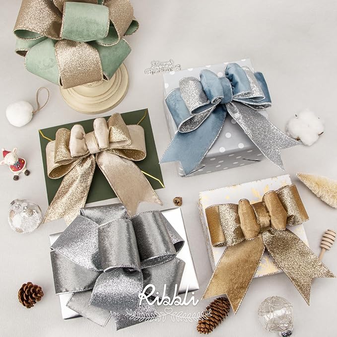 Ribbli Champagne Gold Velvet Wired Ribbon 2.5 Inch Khaki Velvet - Image 4