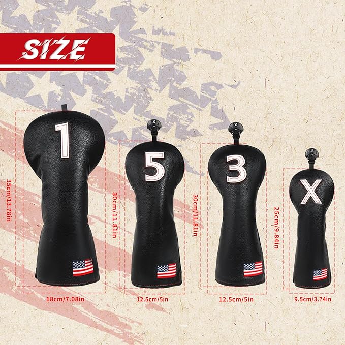 Golf Head Covers, US Flag Patriotism Golf Club Cover for Woods and Driver, Fairway, Hybrid - Premium Leather Golf Club Head Covers with Interchangeable Tags