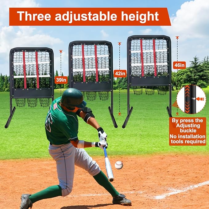 9 Hole Pitching Net with Strike Zone and Handbag, 2X3' Fixed by 4 Ground Stakes or 2 Sandbags. Adjustable Heights(39-46in) for Pitching Target Net