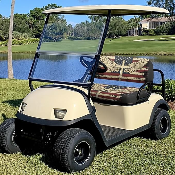 Yewatlles American Flag Cross Pattern Golf Cart Seat Covers, Personalized Golf Cart Seat Cover Keeps Seat Cool and Clean, Fits in 2-Seat Golf Carts