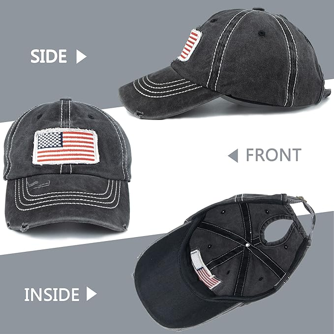 Distressed Ponytail Hat for Women American-Flag Pony Tail Caps High Bun