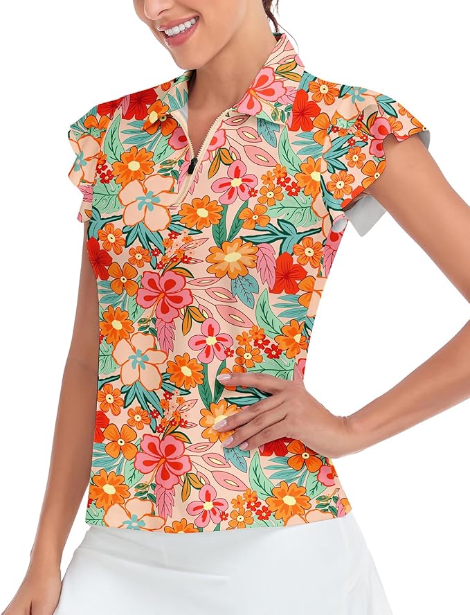 Soneven Womens Petal Sleeve Golf Shirts Moisture Wicking Lady Golf Apparel Print Tennis Sport T Shirt