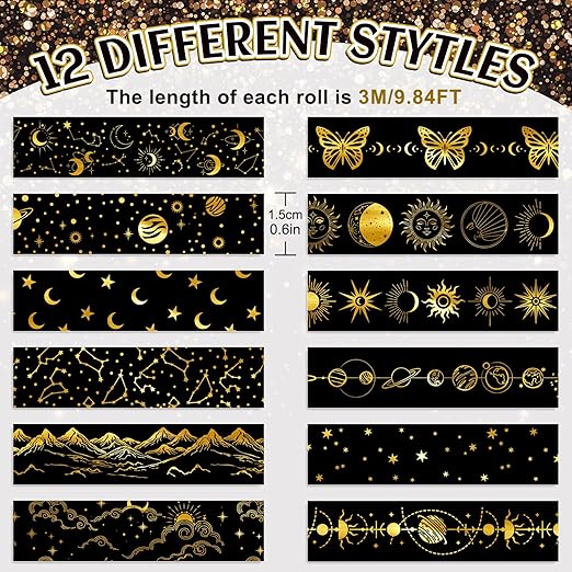 Whaline 12 Rolls Gold Foil Galaxy Washi Tape Black Gold Sun Moon Star Masking - Image 2