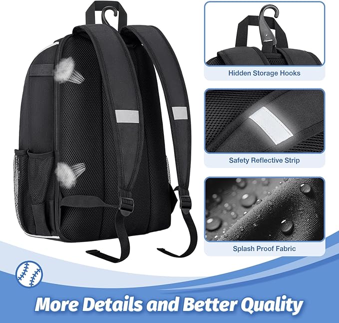 Youth Baseball Bag - Baseball Backpack Bat & Glove Holder, T-Ball & Softball Equipment & Gear,Large Main Compartment for Helmet & accessories, Fence Hook，Insulation Pocket