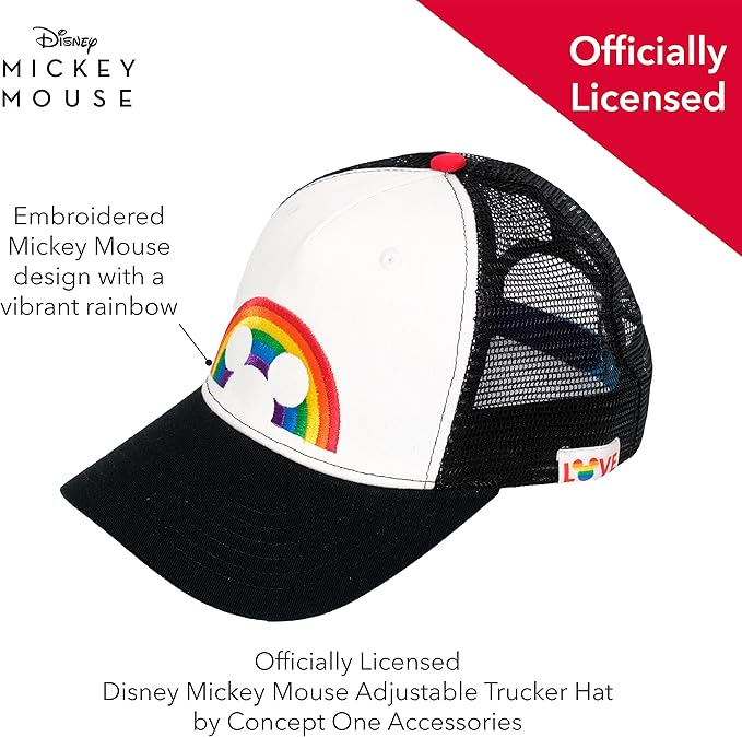 Concept One Unisex Adult Disney Mickey Mouse Trucker Hat, Rainbow Pride Mesh Back Snapback Baseball Cap