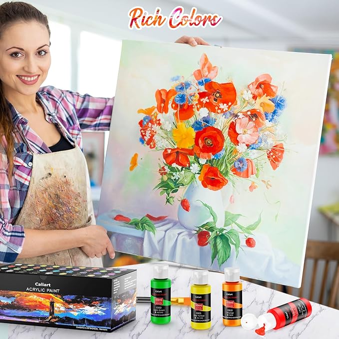 Caliart Acrylic Paint Set with 12 Brushes, 72 Colors Art Craft Paints Gifts - Image 3