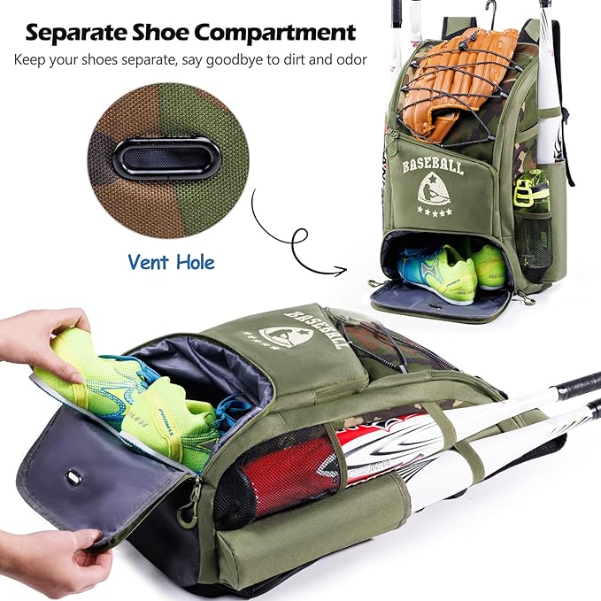 Baseball Bag for Youth & Adult with 4 Bat Sleeves - Softball Bat Bag with Shoe Compartment - Baseball Backpack for T-Ball, Softball Equipment, Baseball Gear, Baseball Bags for Boys 8-12