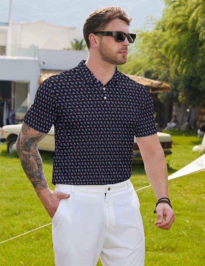 HUURAY Funny Golf Polos for Men Funny Print Short Sleeve Shirts Quick Dry Polo Shirts Hawaiian Shirt Performance Golf Outfits