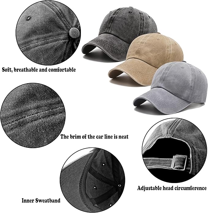 3 Pack Washed Plain Vintage Baseball Cap Cotton Adjustable Twill Bulk Low Profile Classic Dad Hat for Men/Women