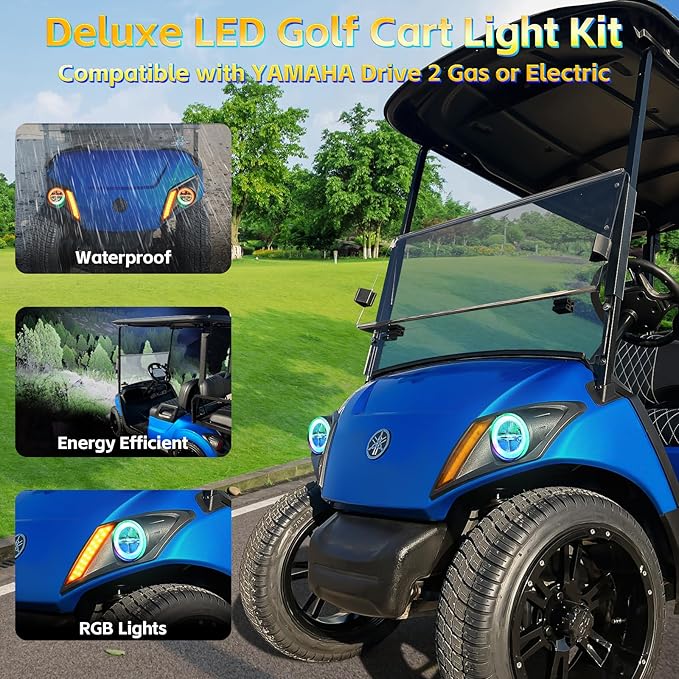 Deluxe RGB LED Headlight and Tail Light Kit with Turn Signal for Yamaha Drive 2 2017-UP Gas & Electric | 12V Golf Cart Headlight Street Legal Light Kit with Music Sync RGB Headlights