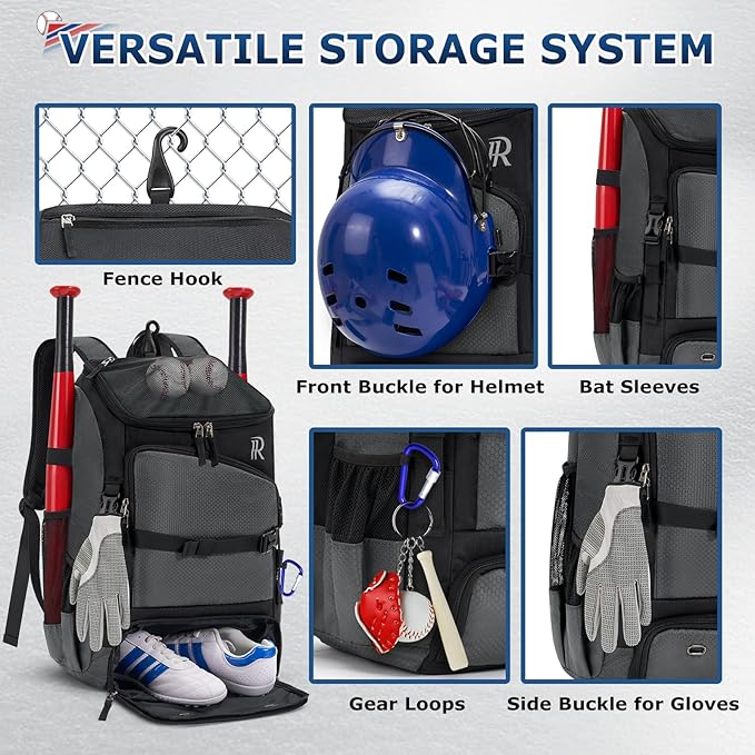 RAINSMORE Baseball Bag for Youth & Adult 40L Large Softball Bag Lightweight Baseball Backpack with Helmet Holder, Shoe Compartment, Fence Hook Waterproof Bat Bag for Baseball Softball Tball Equipment