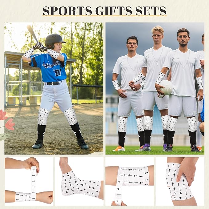 TrelaCo 4 Pack Christian Sports Gift Set with Athletic Tape Sport Socks Cross Necklace Gift Boxes Religious Soccer Socks