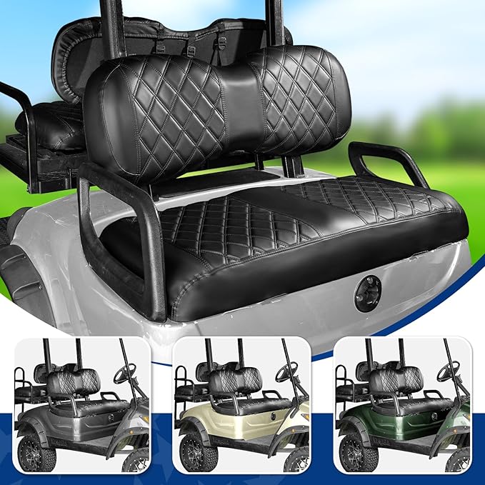 NOKINS 4PCS Golf Cart Diamond Seat Covers Kit,Front and Rear Seat Covers for Club Car Precedent/EZGO TXT/Yamaha Original Regular Seat Cushion (Black&Black Stitching, Fit Yamaha Drive/Drive 2)