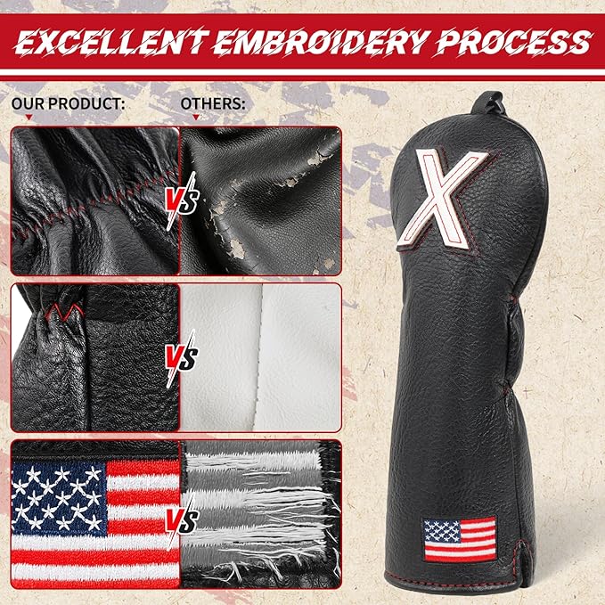 Golf Head Covers, US Flag Patriotism Golf Club Cover for Woods and Driver, Fairway, Hybrid - Premium Leather Golf Club Head Covers with Interchangeable Tags