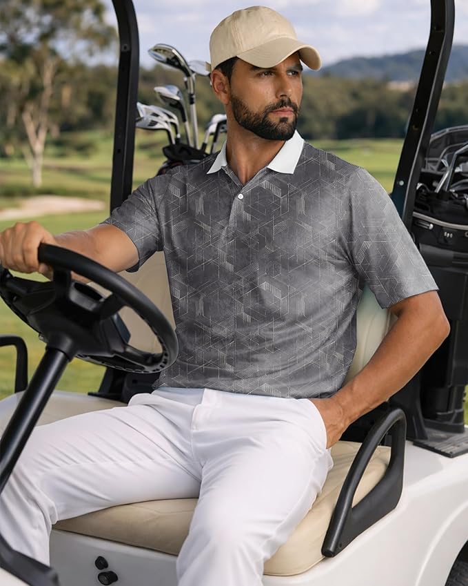 KUYIGO Mens Polo Shirt Quick Dry Moisture Wicking UPF 40+ Performance Printed Short Sleeve Summer Tennis Golf Shirt