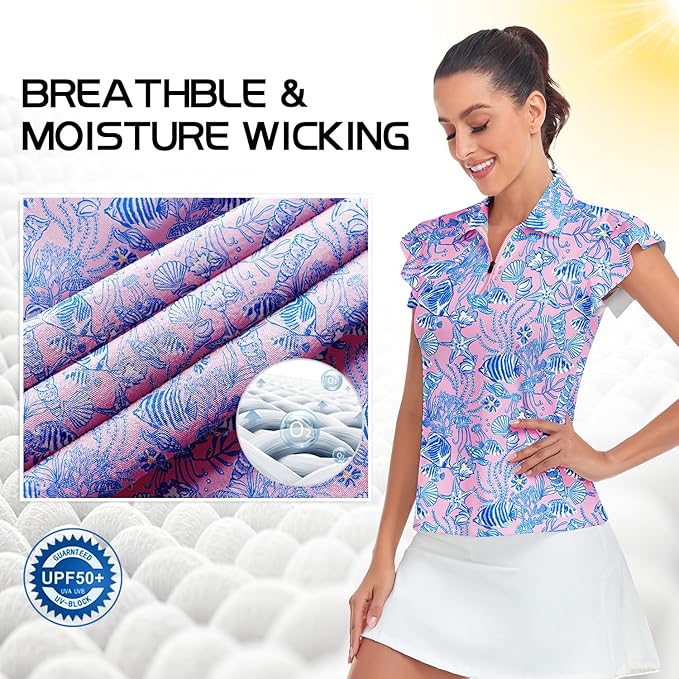 Soneven Womens Petal Sleeve Golf Shirts Moisture Wicking Lady Golf Apparel Print Tennis Sport T Shirt