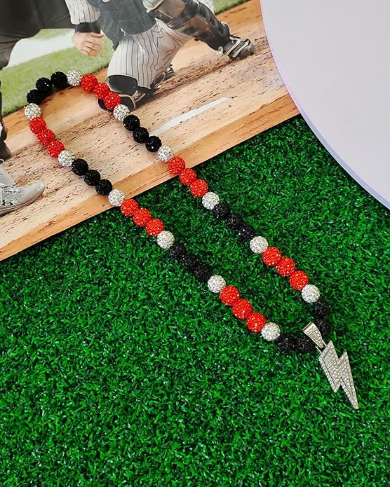 Baseball Necklace for Men 16/18/20 Inch Bling Ice Collection Lightning Bolt Pendant Necklace for Women Rhinestone Clay Beaded Discoball Accessories Gifts for Baseball Team Players Lovers