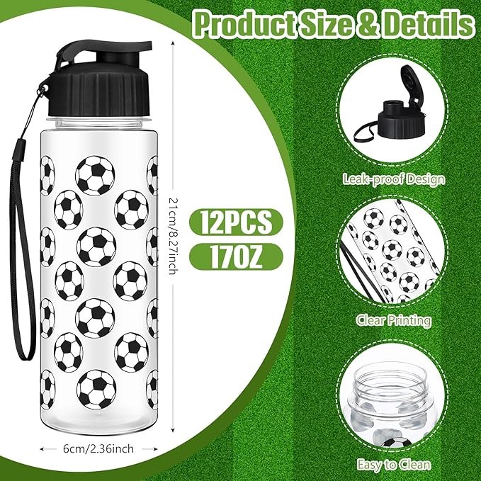 Funnymoom 12 Pcs Soccer Water Bottles Bulk 17 oz Soccer Sports Bottle with Leak Proof Flip Top Reusable Plastic Water Bottles for Team Gift Accessories Sports Party Favors Supplies