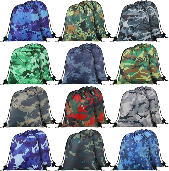 Woanger 24 Pcs Camo Drawstring Bags Bulk 11.81 x 9.84 Inch Camouflage Paintball Goodie Gift Bags Waterproof Lightweight String Cinch Backpack Army Military Hunting Gym Travel Sport Camp Party Supplies