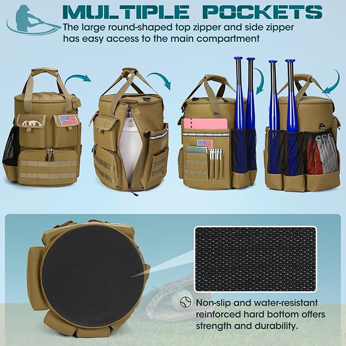 RAINSMORE Baseball Bucket Bag Baseball Coaches Accessories Organizer with Insulation Pocket Tactical Softball Bag with Anti-Slip Bottom, Multiple Pockets for Bat, Gloves, Scoreboards