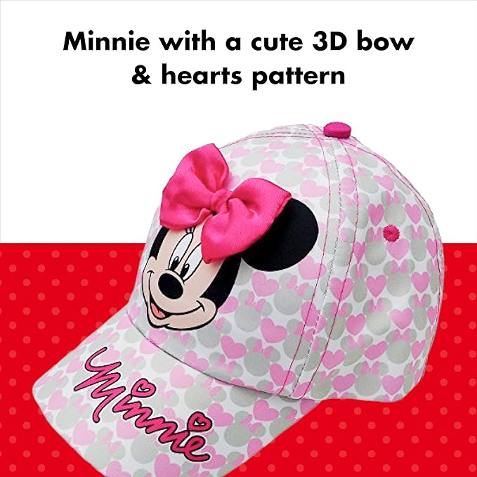 Disney Girls Baseball Cap-3D Bow Curved Brim Strap Back Hat (4-7), Size 2-4T, Minnie Mouse Hearts