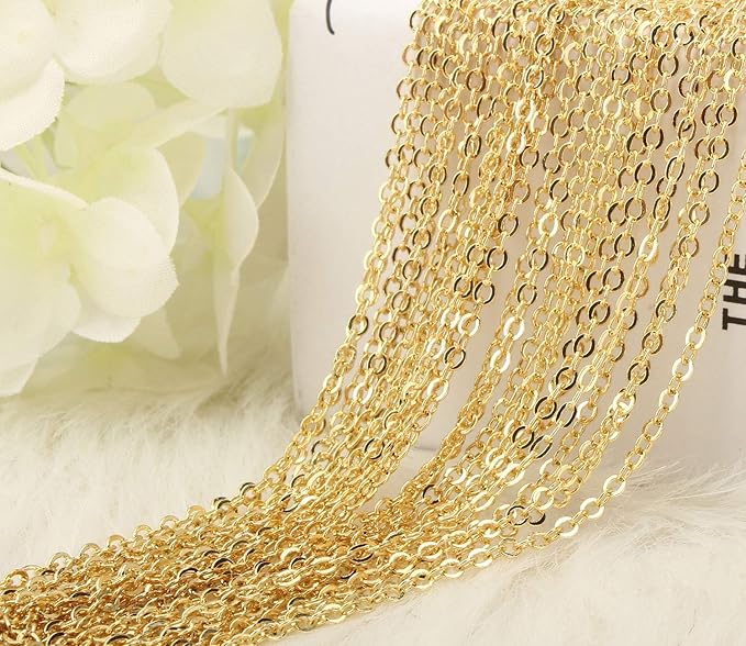 Wholesale 12 PCS Gold Plated Brass Flat Cable Chain Finished Necklace Chains - Image 2