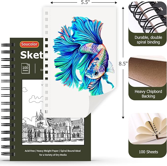 Soucolor 5.5" x 8.5" Sketchbook Pack of 2, 200 Sheets Blank Journal Notebook - Image 4