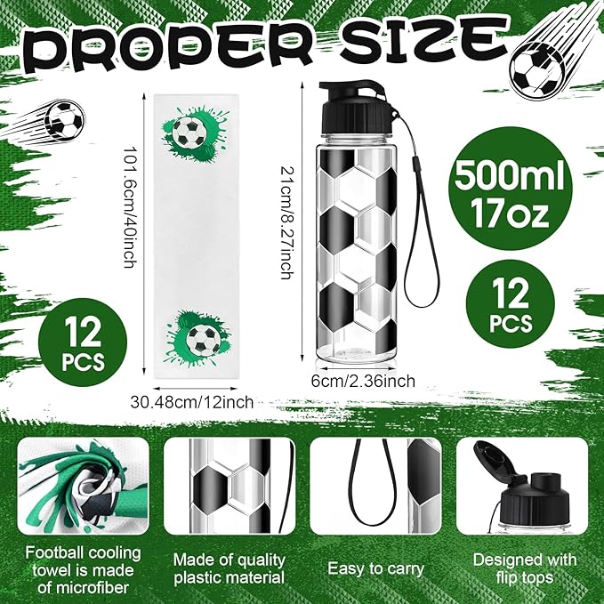 Reallnaive 24 Pcs Sports Water Bottle Cooling Towel Set Include 12 Reusable Sports Squeeze Water Bottle 12 Ice Towel Breathable 40"x12" Cooling Towels for Soccer Team Gift (Soccer)