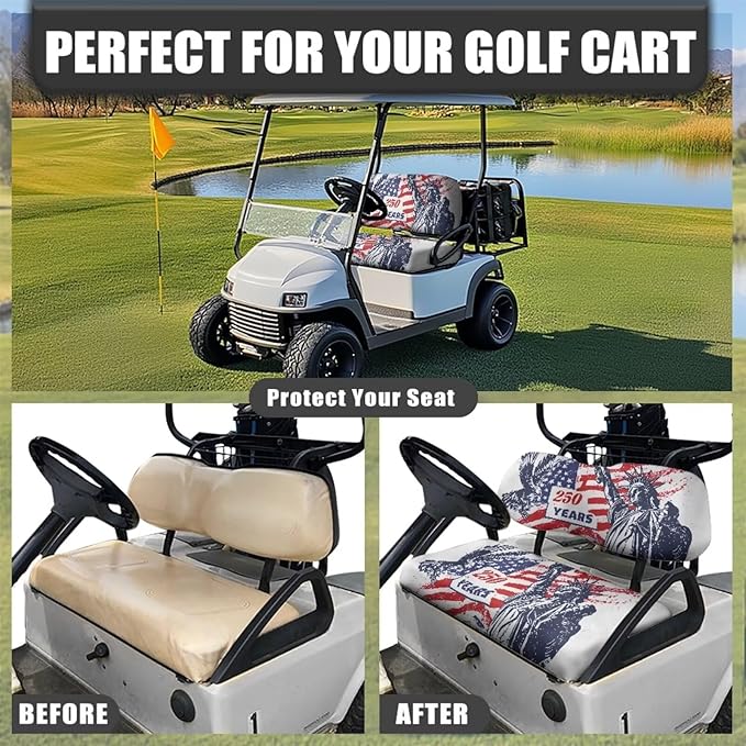 Yewatlles Golf Cart Seat Covers Seat Kit, Printed Breathable Golf Cart Seat Cushions Golf Blanket Golf Club Car Accessories 250 Years American Flag Pattern