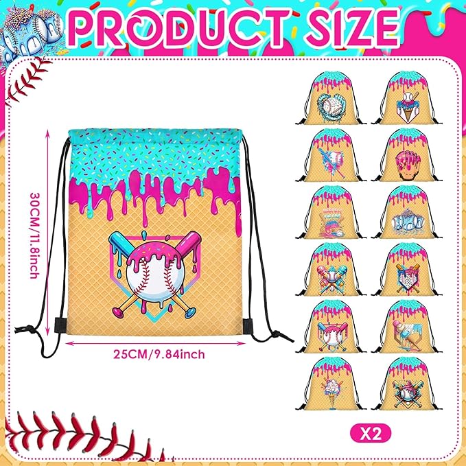 Woanger 24 Pcs Ice Cream Drip Baseball Drawstring Bags Bulk 11.81x9.84 Inch Sport Party Favor Backpacks Baseball Gift Bags Waterproof Lightweight String Cinch Backpacks for Travel Sport Camp Party
