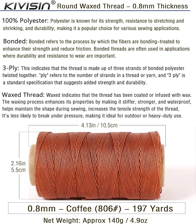 Bonded 0.8mm Round Waxed Polyester Cord, 3-ply Wax Coated Thread, 197 Yards - Image 2