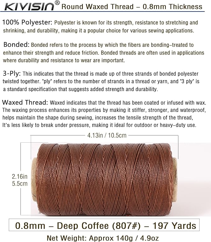 Bonded 0.8mm Round Waxed Polyester Cord, 3-ply Wax Coated Thread, 197 Yards - Image 2