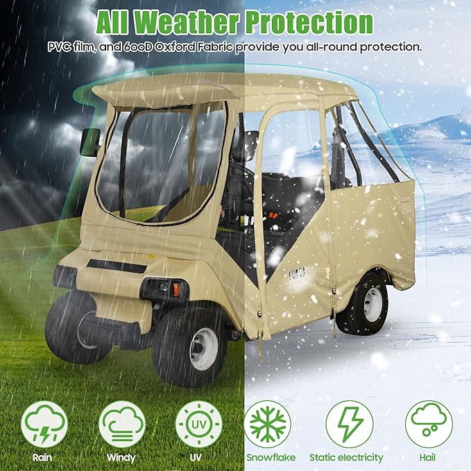 10L0L Golf Cart Driving Enclosure for Club Car DS 2+2 Passenger Short Roof, Waterproof Windproof Heavy Duty 600D Rain Cover with 4-Sided Clear Windows Durable Door Zipper All-Weather Protection Beige