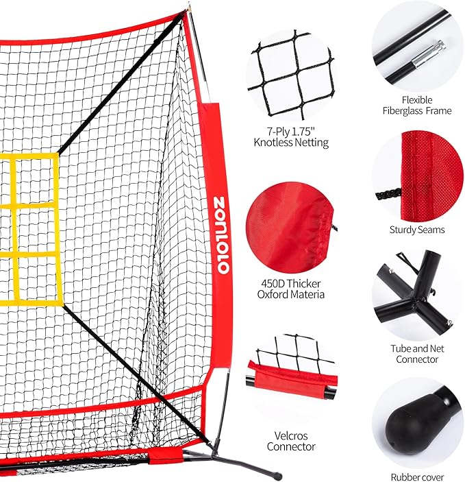 ZONLOLO 6x6ft Baseball & Softball Net for Hitting,Pitching and Batting, Throwing,Baseball net with Sturdy Bow Frame,Battting Tee,Strike Zone, Middle Size,Suitable for Kids!