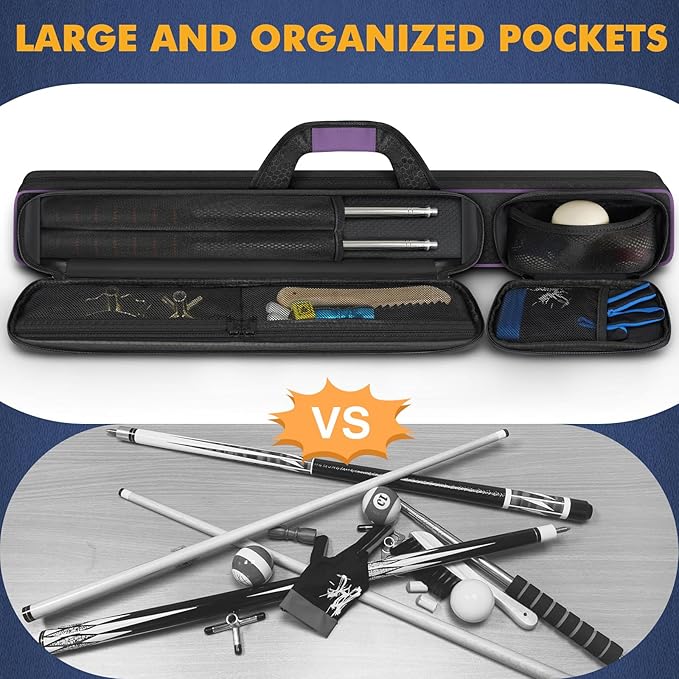 PEKREWS Pool Cue Case, Pool Stick Case 2x2 Holds 2 Sticks with 2 Accessory Zipper Pockets, Sturdy Polyester Pool Cue Carry Bag with Shoulder Strap Handle, Soft Billiard Cue Sling Bag for Men and Women