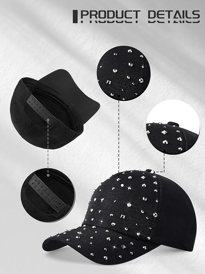 Loopeer 2 Pcs Adjustable Breathable Rhinestone Baseball Cap for Women Men Sequins Casual Sports Cap Rhinestone Hat